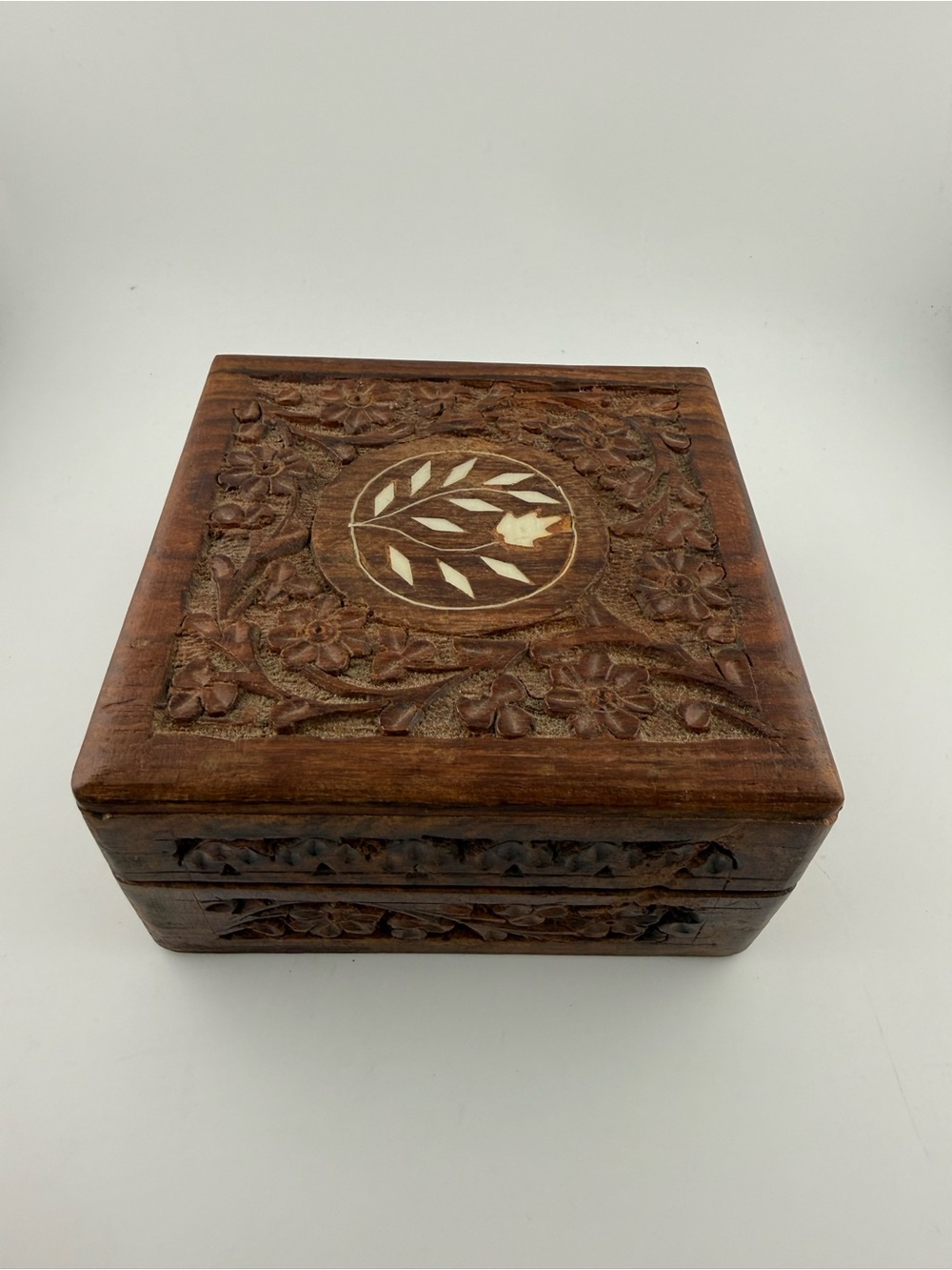 Vintage Hand Carved Wood Trinket Jewelry Box